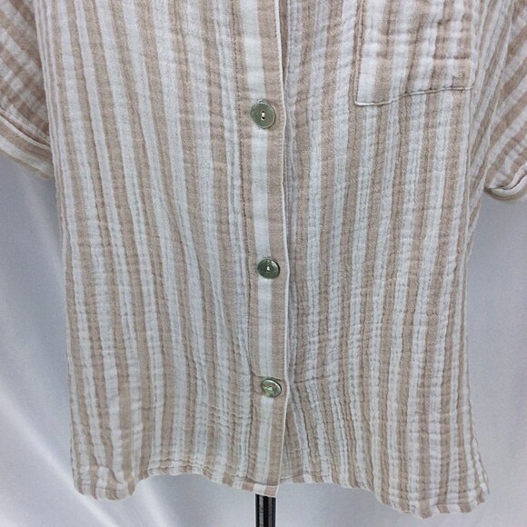 Angels Forever Young Top Womens Size 1X White Beige Striped Muslin Button Down - Picture 6 of 8